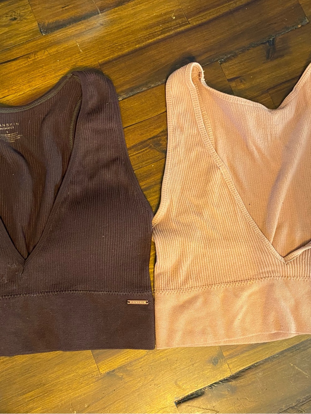 Danskin Ribbed V-Neck Bralette Set in Brown and Peach Large